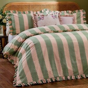 King Size Coastal Stripe Ruffle Duvet Cover Set IN Pink And Green NWT